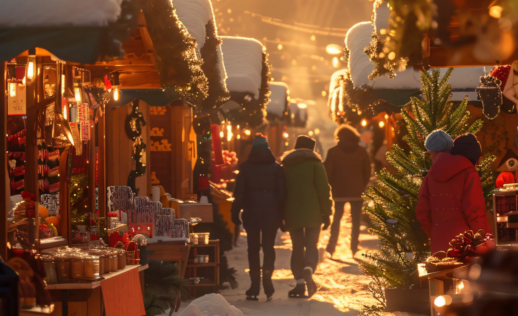 Rue avec un marché de Nöel avec de la neige